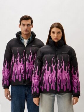 NWT Black Puffer Jacket Down Jacket with Purple/Pink Flame Print